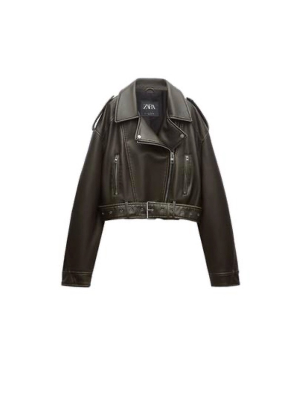 Zara Olive Green Faux Leather Cropped Biker Jacket Size: S - Picture 4 of 4